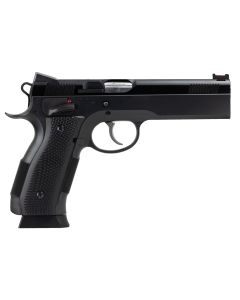 CZ-USA 91731 A01-LDFull Size Frame 9mm Luger 19+1 4.93" Black Match Grade Bull Barrel, Blued Serrated Steel Slide, Blued Steel Frame w/Beavertail, Black Checkered Polymer Grip