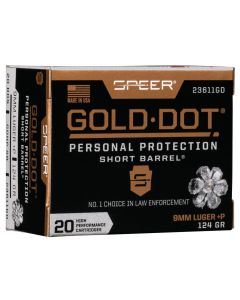 Speer 23611GD Gold Dot Personal Protection Short Barrel 9mmLuger+P 124gr Hollow Point 20 Per Box/10 Case