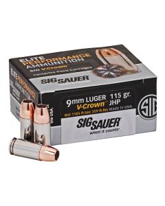 Sig Sauer E9MMA150 Elite Performance9mmLuger 115gr V-Crown Jacketed Hollow Point 50 Per Box/10 Case