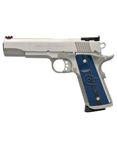 Colt Mfg O5073XE Gold Cup Trophy 38 Super 9+1 5" Stainless National Match Barrel, Stainless Steel Serrated Slide &amp; Frame w/Beavertail, Blue Scalloped G10 Grip, Ambidextrous
