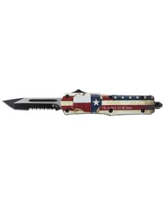 Templar Knife STX531 Gen II Texan Small 2.25" OTF Tanto Part Serrated Black Oxide Stonewashed 440C SS Blade, 4.31" Texas Flag Aluminum Handle, Glass Breaker