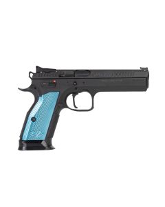 CZ-USA 91220 TS 29mm Luger 20+1 5.28" Blued Steel Barrel, Black Serrated Steel Slide, Black Polycoat Steel Frame w/Beavertail, Blue Checkered Aluminum Grip, Ambidextrous