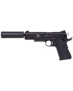 GSG G1911ADOPS 1911 ADOP 22 LR 10+1 5" All Black Steel/Threaded Barrel, Serrated Slide, Zinc Alloy w/Picatinny Rail &amp; Beavertail Frame Black Polymer Grip, Faux Suppressor