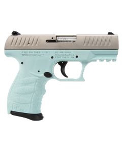 Walther Arms 5083512 CCP M2 + 9mm Luger 8+1 3.54" Barrel, Angel Blue Finish Picatinny Rail Frame, Serrated Sliver Stainless Steel Slide, Finger Grooved Polymer Grip