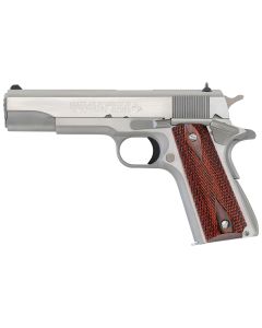 Colt Mfg O1070A1CS 1911 Government 45 ACP 8+1 5" Stainless National Match Barrel, Brushed Stainless Serrated Slide &amp; Frame w/Beavertail, Double Diamond Checkered Wood Grip