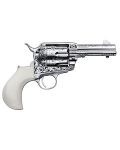 Cimarron PP346HUCKENG Huckleberry45 Colt (LC) 6 Shot, 3.50" Nickel Engraved Barrel, Cylinder &amp; Frame, Poly-Ivory w/"Huckleberry" Engraved On The Backstrap Grip