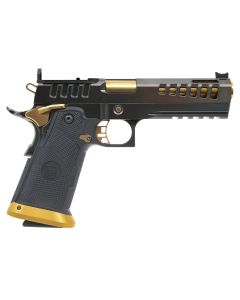 Watchtower Firearms DEMOLITIA9MM5ELITE DemolitiaFull Size Frame 9mm Luger 20+1 5" Gold Plated PVD Ported Barrel, Graphite PVD Optic Cut/Serrated Steel Slide, Graphite PVD Frame, Black Textured Grip