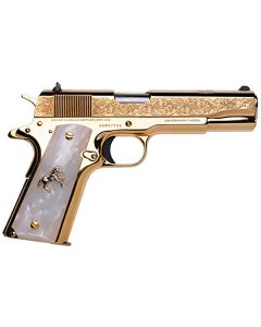 Cnc Firearms CNCELRANCH Colt 1911 El Ranchero 38 Super 7+1 5" Stainless Steel Barrel, 24K Gold Plated Serrated w/Engraved Scrollwork Slide, 24K Gold Plated Steel Frame, Mother of Pearl Grip