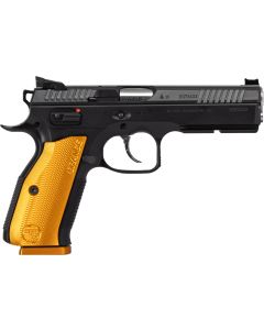 CZ-USA 91248 Shadow 29mm Luger 17+1 4.89" Stainless Steel Barrel, Black Nitride Optic Cut/Serrated Slide, Black Steel Frame w/Beavertail &amp; Picatinny Rail, Orange Checkered Aluminum Grip