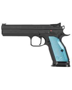 CZ-USA 01220 TS 29mm Luger 10rd 5.28" Black Steel Barrel, Black Nitride Serrated Slide, Black Steel Frame w/Beavertail, Blue Textured Aluminum Grip