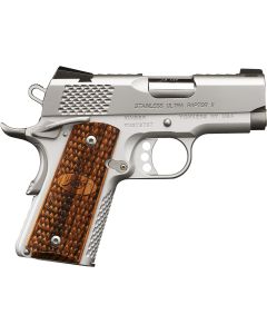 Kimber Mfg, Inc 3200374 Raptor II Ultra 9mm Luger 8+1 3" Stainless Match Grade Barrel, Satin Silver Serrated Stainless Steel Slide, Matte Silver Aluminum Frame w/Beavertail, Zebrawood Grip