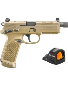 FN 66102270 FNX w/Optic 45 ACP 15+1 5.30" Black Steel Threaded Barrel, Flat Dark Earth Optic Ready/Serrated Stainless Steel Slide &amp; Polymer Frame w/Picatinny Rail, Holosun 407C Red Dot, Ambidextrous