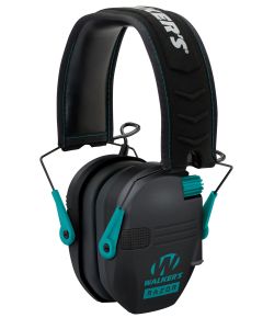 Walker's GWPRSEMTL Razor Slim Electronic Muff 23 dB Over the Head Black Polymer w/Teal Accents