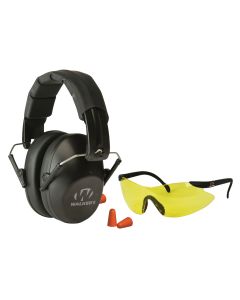 Walker's GWPFPM1GFP Pro Low Profile Passive Muff Combo Kit Includes Foam Ear Plugs, Low Profile 31 db Over the Head Passive Muff, Shooting Glasses w/Yellow Lens