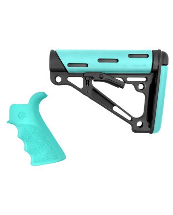 Hogue 13455 OverMolded 2-Piece Kit Collapsible Aqua OverMolded Rubber Black &amp; Aqua Rubber Grip for AR15, M16 with Commercial Tube (Tube Not Included)