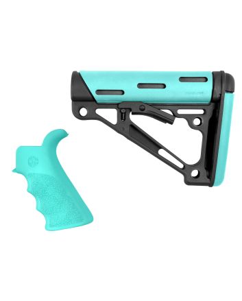 Hogue 13456 OverMolded 2-Piece Kit Collapsible Aqua OverMolded Rubber Black &amp; Aqua Rubber Grip for AR15, M16 with Mil-Spec Tube (Tube Not Included)