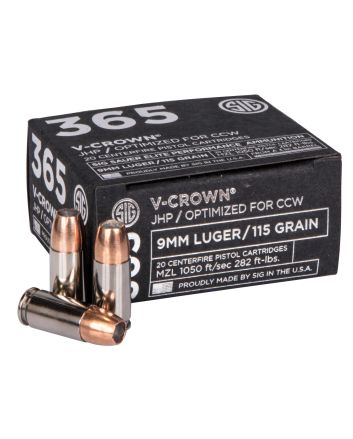 Sig Sauer E9MMA136520 Elite Performance 365 9mmLuger 115gr V-Crown Jacketed Hollow Point 20 Per Box/10 Case