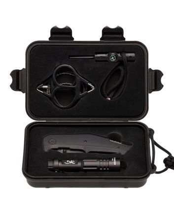 Browning 3220288 Outdoorsman Survival Kit 3.50" Folding Drop Point Plain Black Stonewashed 8Cr13MoV SS Blade/Black G10 Handle Includes Storage Case/Flashlight/Wire Saw/Fire Flint/Compass/Whistle