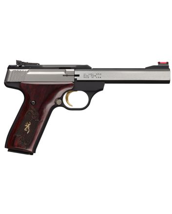 Browning 051543490 Buck Mark Medallion 22 LR 10+1 5.50" Blackened SS Slab Side Barrel, Stainless Steel Serrated SS Slide, Matte Black Aluminum Frame, Checkered Rosewood w/Gold BuckMark Inlay Grip
