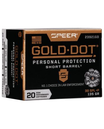Speer 23921GD Gold Dot Personal Protection Short Barrel 38Special+P 135gr Hollow Point 20 Per Box/10 Case