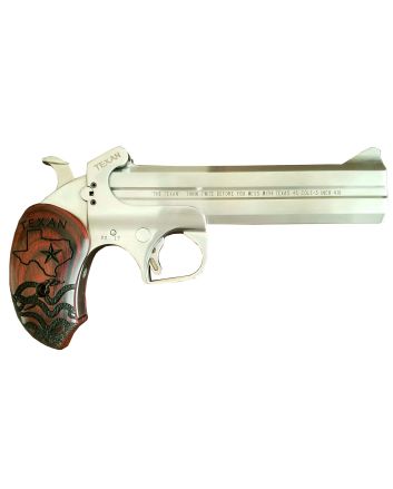 Bond Arms BATX TexanDerringer Single 45 Colt (LC)/410 Gauge 2rd, 6" Stainless Steel Double Barrel &amp; Frame, Blade Front/Fixed Rear Sights, Custom Engraved Rosewood Grip, Manual Safety