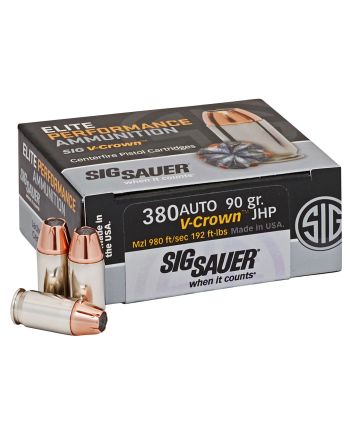 Sig Sauer E380A150 Elite Performance380ACP 90gr V-Crown Jacketed Hollow Point 50 Per Box/10 Case