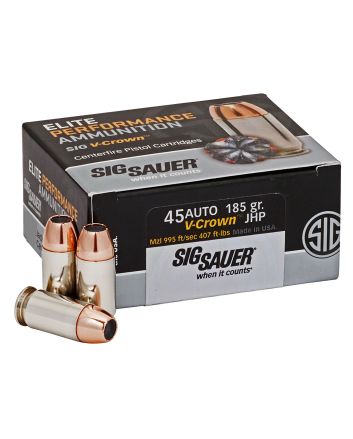 Sig Sauer E45AP050 Elite Performance45ACP 185gr V-Crown Jacketed Hollow Point 50 Per Box/10 Case