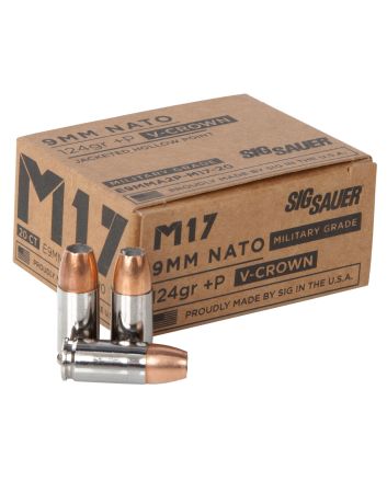 Sig Sauer E9MMA2PM1720 Military Grade M17 9mmLuger+P 124gr V-Crown Jacketed Hollow Point 20 Per Box/10 Case
