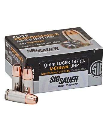 Sig Sauer E9MMA350 Elite Performance9mmLuger 147gr V-Crown Jacketed Hollow Point 50 Per Box/10 Case