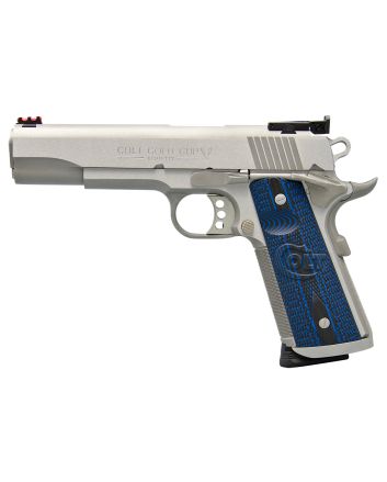 Colt Mfg O5073XE Gold Cup Trophy 38 Super 9+1 5" Stainless National Match Barrel, Stainless Steel Serrated Slide &amp; Frame w/Beavertail, Blue Scalloped G10 Grip, Ambidextrous