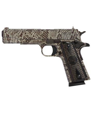 Iver Johnson Arms 1911A1COPPERHEAD 1911 A1 Copperhead 45 ACP 8+1 5" Black Steel Barrel, Tan Snakeskin Hydrographic Serrated Steel Slide &amp; Frame w/Beavertail, Black Snakeskin Diamondwood Grip