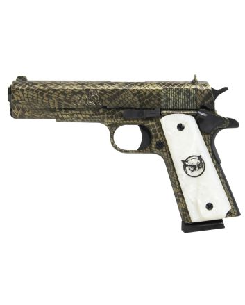 Iver Johnson Arms 1911A1WATERMOCCASIN 1911 A1 Water Moccasin 45 ACP 8+1 5" Black Steel Barrel, Green Snakeskin Hydrographic Serrated Steel Slide &amp; Frame w/Beavertail, White Synthetic Pearl Grip