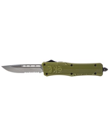 CobraTec Knives MODCTK1MDS CTK-1Medium 3" OTF Drop Point Part Serrated D2 Steel Blade/OD Green Aluminum Handle Features Glass Breaker Includes Pocket Clip