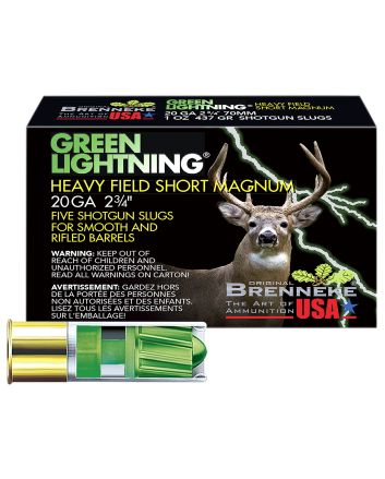 Brenneke SL202HFSGL Green Lightning Heavy Field Short Magnum 20Gauge 2.75" 1oz Slug Shot 5 Per Box/50 Case
