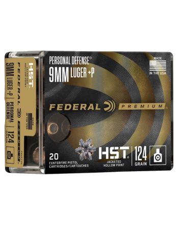 Federal P9HST3S Premium Personal Defense 9mmLuger+P 124gr HST Jacketed Hollow Point 20 Per Box/10 Case