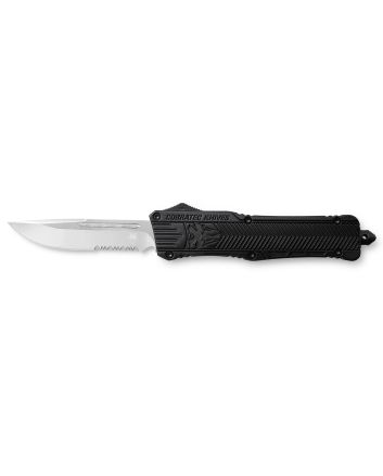 CobraTec Knives LBCTK1LDS CTK-1Large 3.75" OTF Drop Point Part Serrated D2 Steel Blade/ Black Aluminum Handle Features Glass Breaker Includes Pocket Clip
