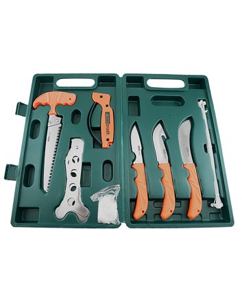AccuSharp 728C Game Processing Kit Butcher/Caper/Gut-Hook/Bone Saw/Ribcage Spreader Gut Hook/Saw/Plain Stainless Steel Blade Orange FRN Handle
