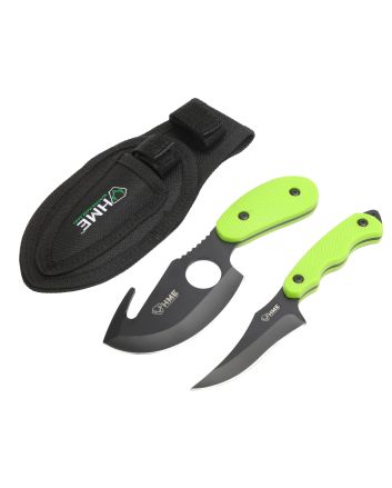 HME HMEKN2PSGC Skinning Kit3.50" Fixed Skinner w/Gut Hook/Caping Plain/Gut Hook Black Oxide 420HC Blade, TPR Green Handle