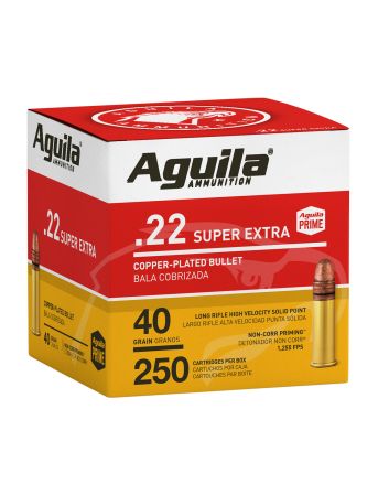 Aguila 1B221100 Super Extra Rimfire 22LR 40gr Copper Plated Solid Point 250 Per Box/8 Case