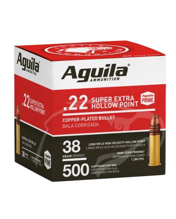 Aguila 1B221118 Super Extra Rimfire 22LR 38gr Copper Plated Hollow Point 500 Per Box/4 Case