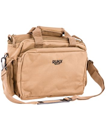 Rukx Gear ATICTRBT Tactical Range BagWater Resistant Tan 600D Polyester with Hidden Handgun Pocket, Mag &amp; Ammo Storage, Non-Rust Zippers &amp; Carry Handle 16" x 7.50" x 10.50" Interior Dimensions