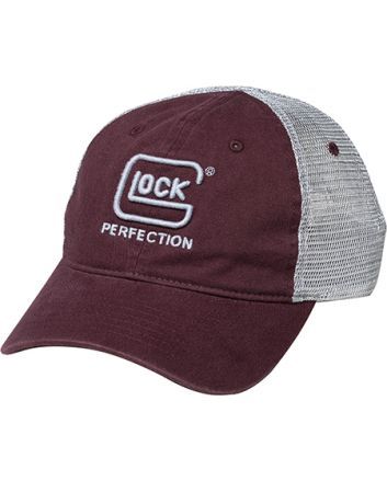 Glock AP95881 RelaxedMaroon Mesh Hat, Distressed Denim-Like Fabric Front w/Mesh Back, Unstructured Fit w/Snapback, Embroidered Glock Log