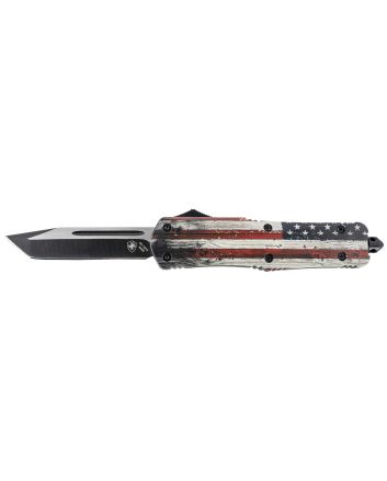 Templar Knife LWUS231 Gen II Wood US Flag Large 3.50" OTF Tanto Plain Black Oxide Stonewashed 440C SS Blade, 5.25" Painted Wood Grain US Flag Aluminum Handle, Glass Breaker