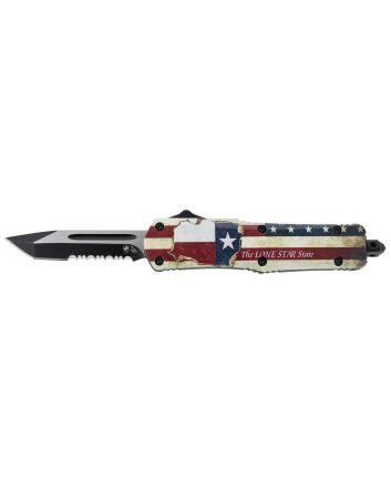 Templar Knife STX531 Gen II Texan Small 2.25" OTF Tanto Part Serrated Black Oxide Stonewashed 440C SS Blade, 4.31" Texas Flag Aluminum Handle, Glass Breaker