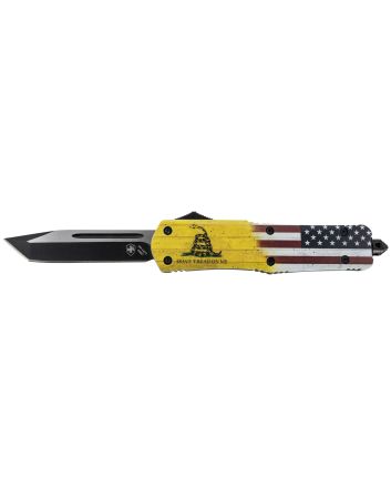 Templar Knife LDTOM231 Gen II Don't Tread On Me Large 3.50" OTF Tanto Plain Black Oxide Stonewashed 440C SS Blade, 5.25" Yellow w/Flag &amp; "Don't Tread On Me" Aluminum Handle, Glass Breaker