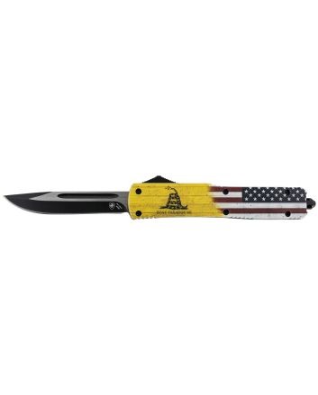 Templar Knife MDTOM331 Gen II Don't Tread On Me Slim 3.50" OTF Drop Point Plain Black Oxide Stonewashed 440C SS Blade, 5.05" Yellow w/Flag &amp; "Don't Tread On Me" Aluminum Handle, Glass Breaker