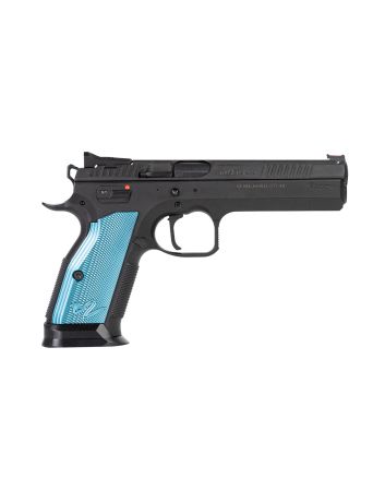 CZ-USA 91220 TS 29mm Luger 20+1 5.28" Blued Steel Barrel, Black Serrated Steel Slide, Black Polycoat Steel Frame w/Beavertail, Blue Checkered Aluminum Grip, Ambidextrous