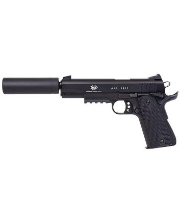 GSG G1911ADOPS 1911 ADOP 22 LR 10+1 5" All Black Steel/Threaded Barrel, Serrated Slide, Zinc Alloy w/Picatinny Rail &amp; Beavertail Frame Black Polymer Grip, Faux Suppressor