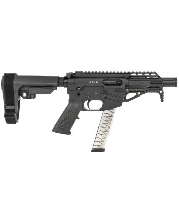 Freedom Ordnance FX9P4S FX-99mm Luger 31+1 4" Black Nitride Barrel w/Faux Suppressor, Black Hard Coat Anodized Aluminum Receiver, SB Tactical SBA3 Pistol Brace Stock, Black Polymer Grip