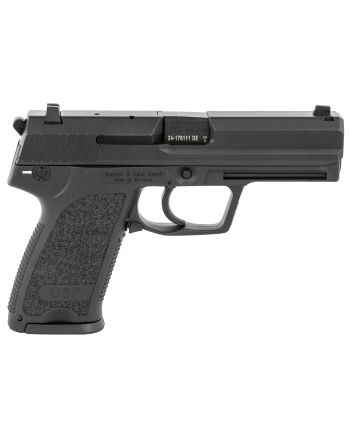 HK 81000309 USP V1 SA/DA 9mm Luger Caliber with 4.25" Barrel, 10+1 Capacity, Overall Black Finish, Serrated Trigger Guard Frame, Serrated Steel Slide &amp; Polymer Grip Includes 2 Mags